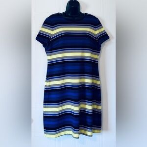 Calvin Klein Women Short Sleeve Dress Blue Yellow Black Stripe Back Zip Size 14